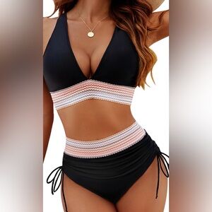 Chic Black Bikini With Colorful Trim